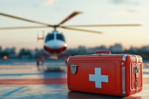A red medical kit, marked with a white cross, sits on a tarmac in front of a rescue helicopter, signifying emergency medical services.